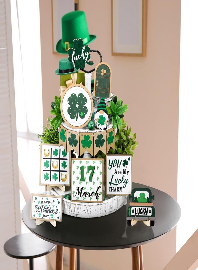 Anglechic 14 Pcs St. Patrick's Day Tiered Tray Decor Set Luck Shamrock Wooden Signs Irish Decor Saint Patty's Day Table Decoration for Home Tabletop Shelf Party - Image 4